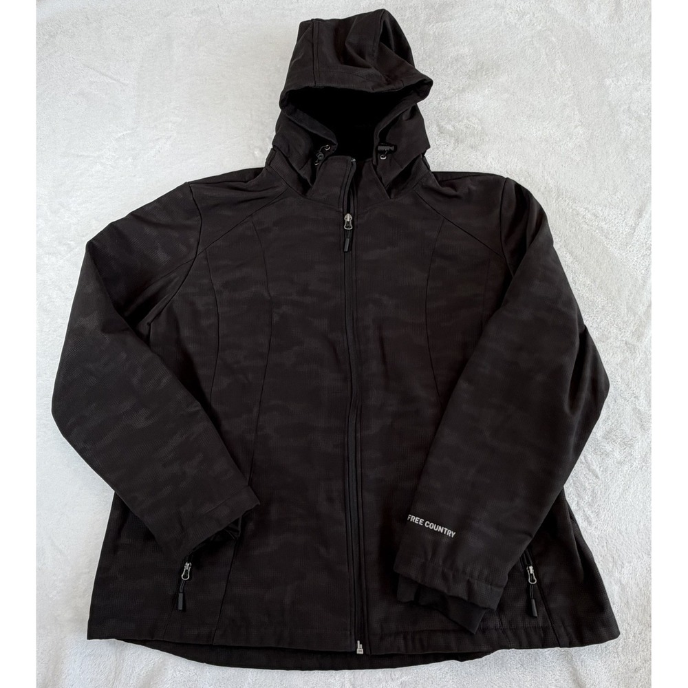 Free Country Jacket Women's Sz 2XL Black Camo‎ Softshell Sherpa Lined Hooded Zip
